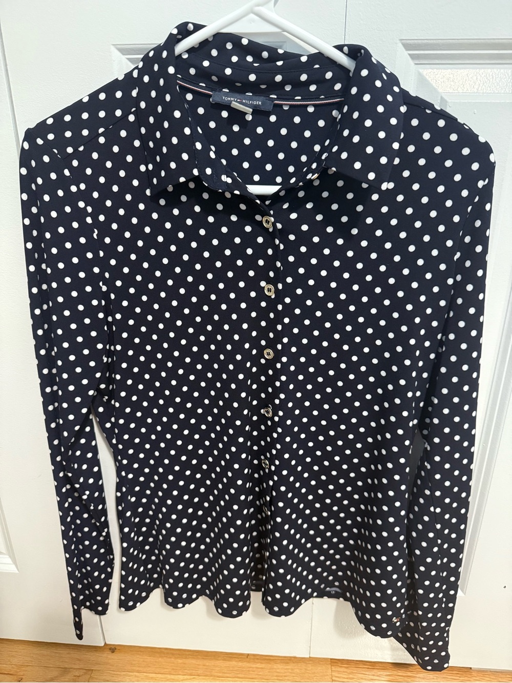 Tommy Hilfiger Navy and White Polka Dot Button-Front Blouse